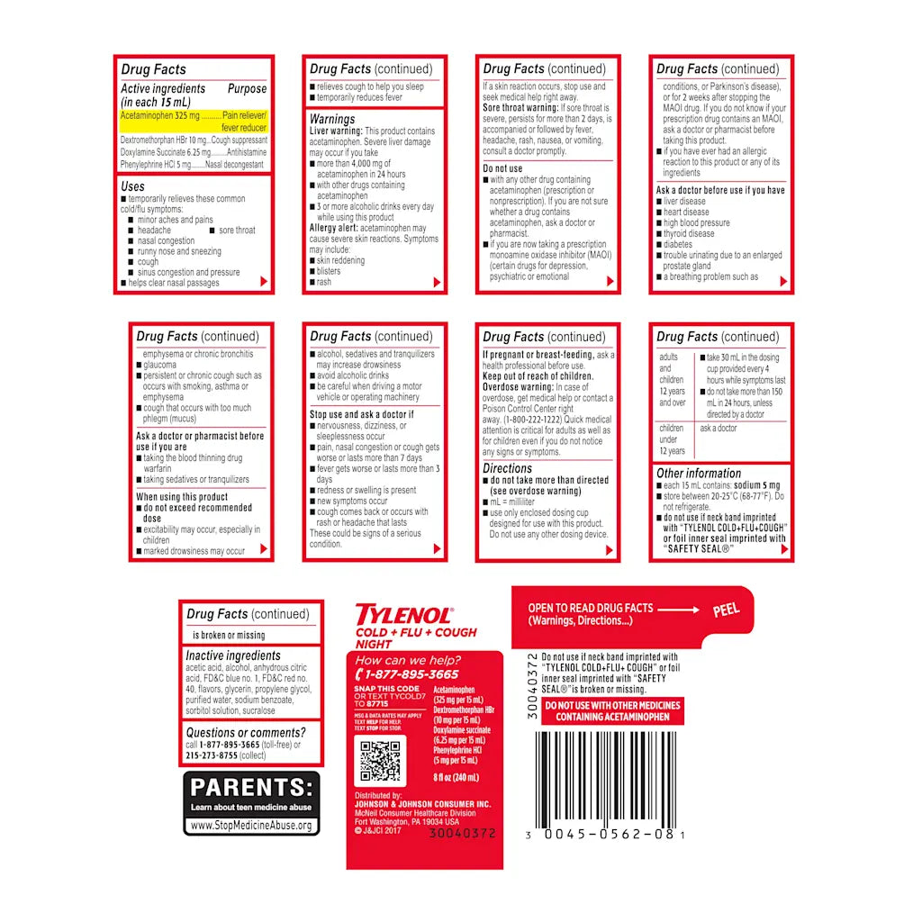 Tylenol cold + flu + cough iquid nutrition facts